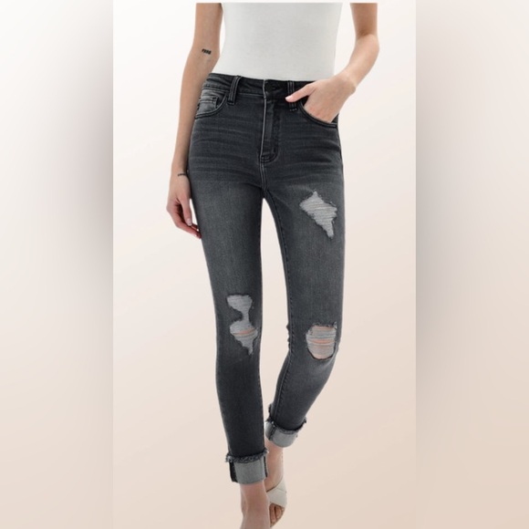 KanCan High Rise Distressed Cuffed Ankle Jean Washed Gray - Picture 1 of 11